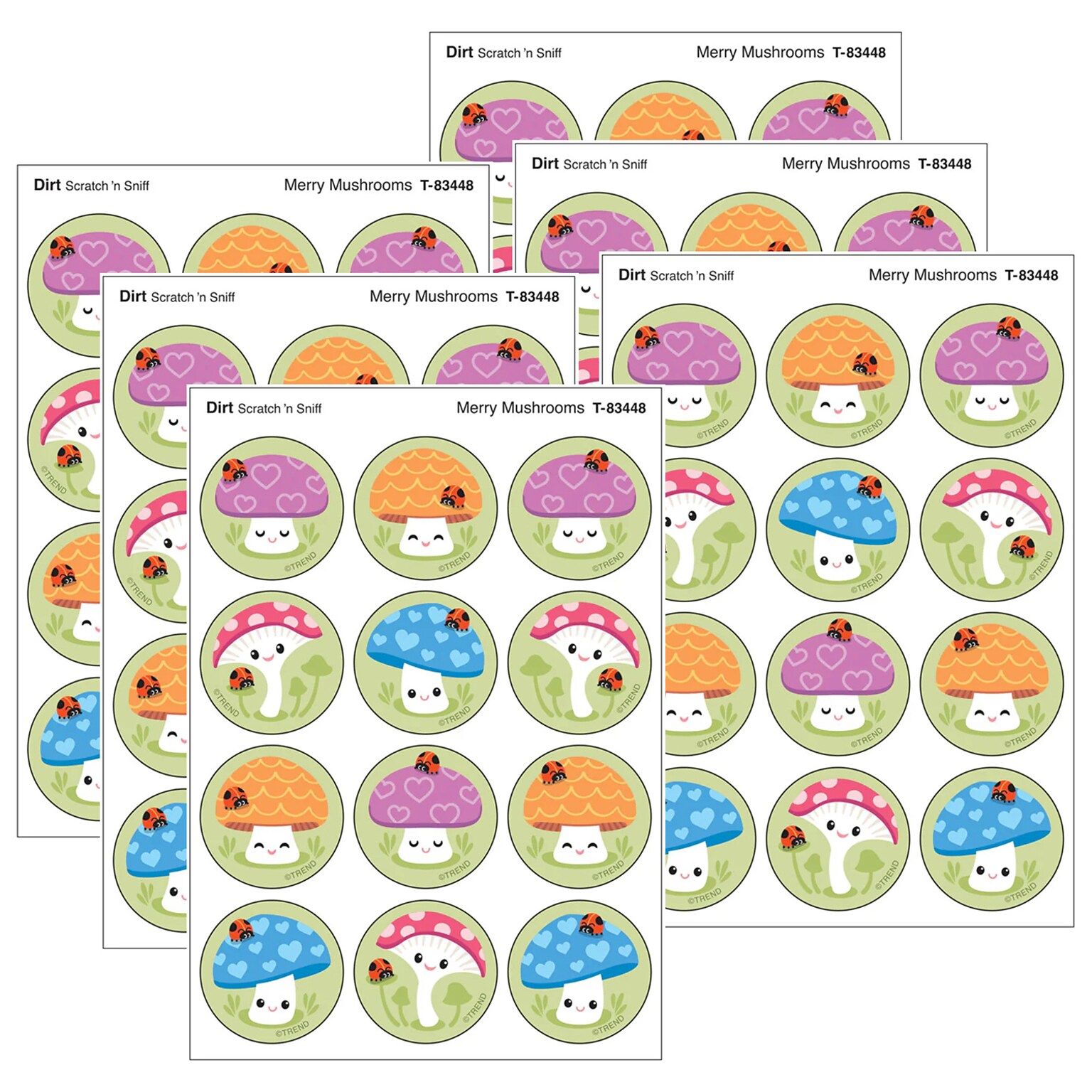Trend Enterprises Merry Mushrooms Dirt scent Scratch n Sniff Stinky Stickers, Multicolored, 48/Pack, 6 Packs/Bundle (T-83448-6)