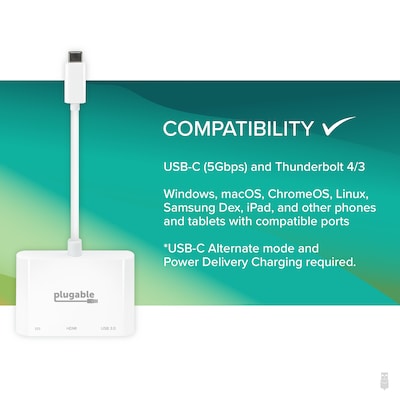 Plugable Mini Dock USB-C to HDMI/USB 3.0/USB-C Audio/Video Adapter, Male to Female/Female, White (USBC-MD103)
