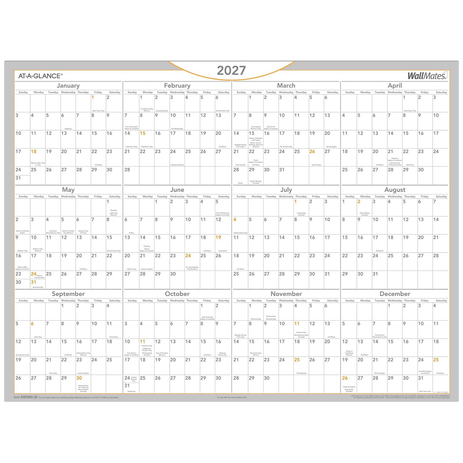 2027 AT-A-GLANCE WallMates 24 x 18 Yearly Dry-Erase Wall Calendar, White/Gray (AW5060-28-27)