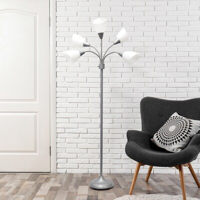 Simple Designs 67" Silver Metal Medusa Floor Lamp with 5 Adjustable White Cone Shades (LF2006-SVW)