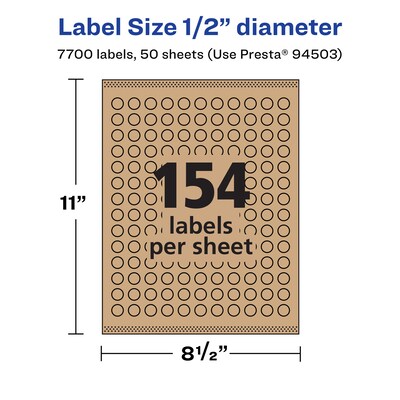 Avery Laser/Inkjet Round Multipurpose Labels, 0.5" Dia., Kraft Brown, 7,700 Labels/Box (94503)