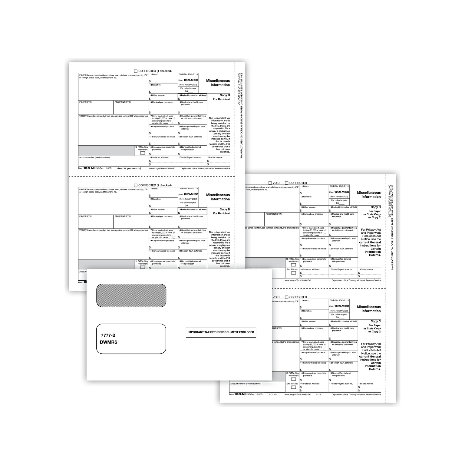 ComplyRight 1099-MISC 3-Part Tax Form Set with Envelopes and Recipient Copy Only, 25/Pack (6113E25)
