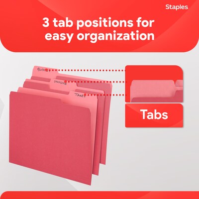 Staples File Folders, 1/3-Cut Tab, Letter Size, Red, 100/Box (ST224519-CC)