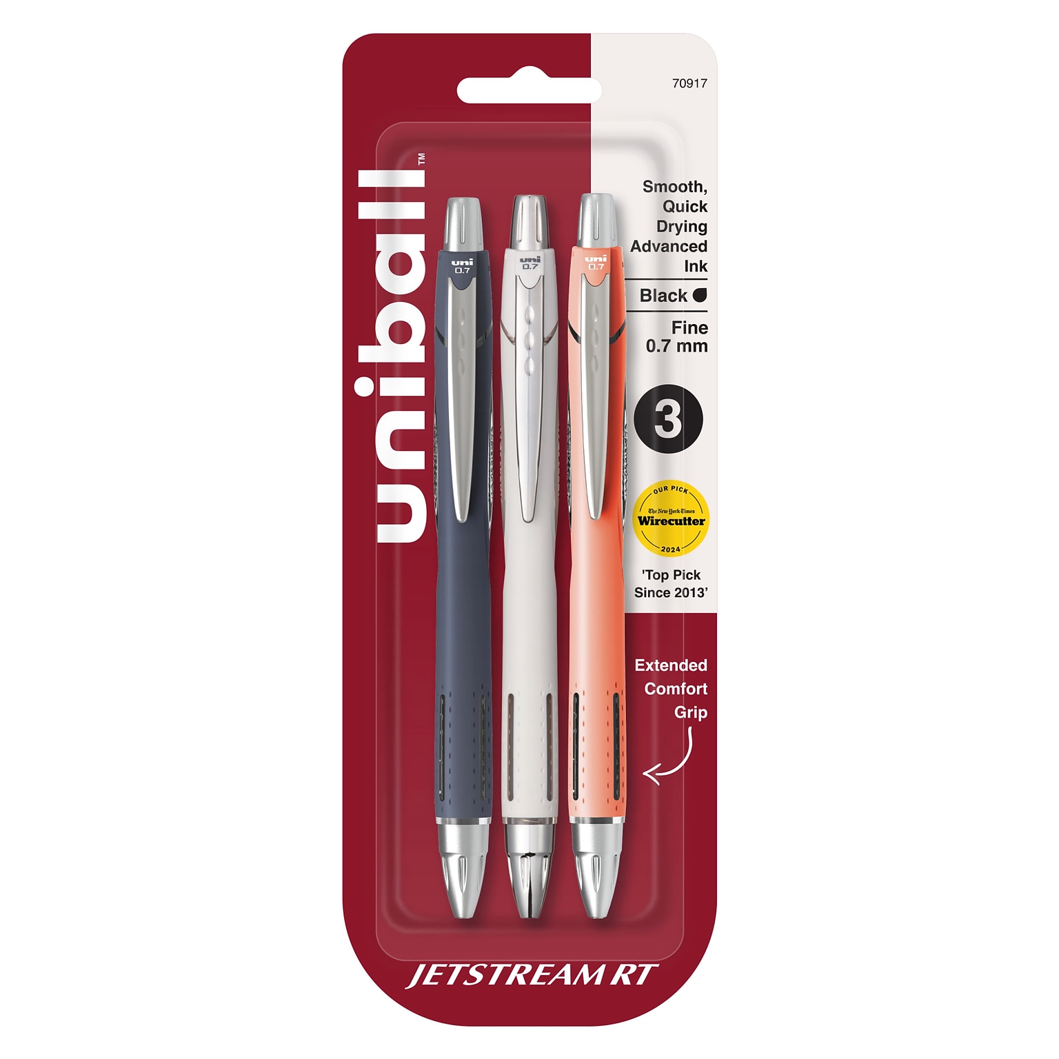 uni-ball Jetstream RT Retractable Ballpoint Pen, Fine Point, 0.7mm, Black Ink, 3 Pack (70917)