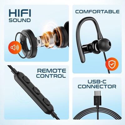 Delton 24EC Wired Stereo Earbuds, USB-C, Black (DWH24EC)
