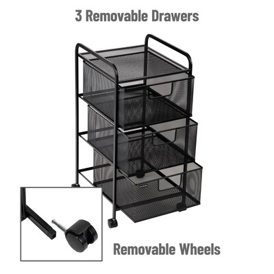 Mind Reader 3 Shelf Steel Mobile Desk and Bathroom Storage Cart with Wheels, Black (3VERTM-BLK)