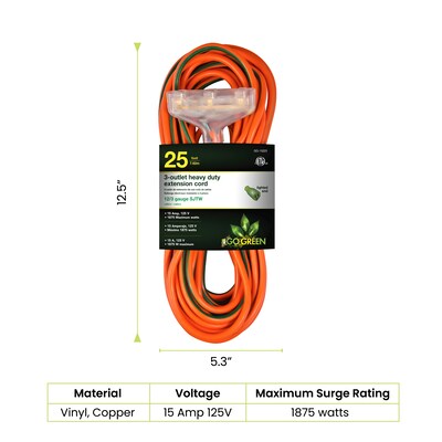 GoGreen Power 25 Indoor/Outdoor Extension Cord, 3-Outlet, 12 AWG, Orange (GG-15225)
