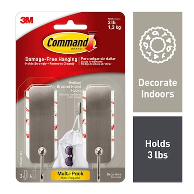 Command Medium Decorative Hooks, 3 lb., Silver, 2/Pack (17034BN-2ES)