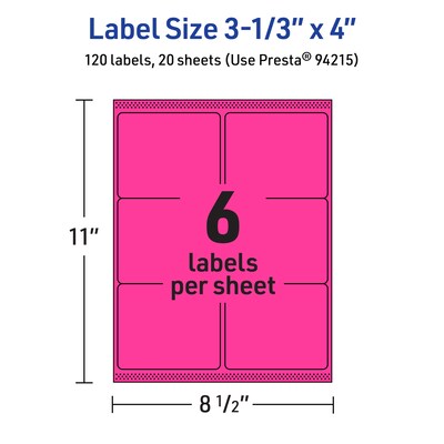 Avery Laser/Inkjet Rectangle Multipurpose Labels, 3-1/3" x 4", Neon Magenta, 120/Pack (94215)