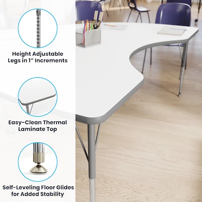 Flash Furniture Wren Kidney Activity Table, 72" x 48", Height Adjustable, White Top/Silver Frame (XUA4872KDWHTA)