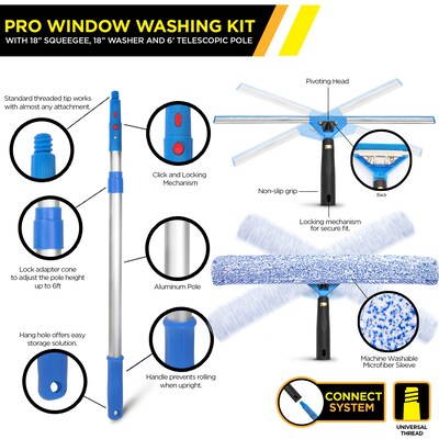 Gritt Commercial Pro Window Washing Kit with 14" Squeegee, 14" Washer, 6' Telescopic Pole and 3-Gallon Bucket (GRI137B-6F-14)