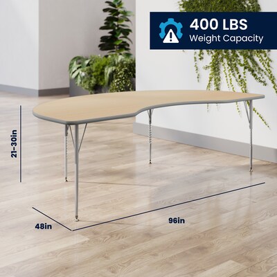 Flash Furniture Wren Kidney Activity Table, 96" x 48", Height Adjustable, Light Natural Top/Silver Frame (XUA4896KDLNTA)