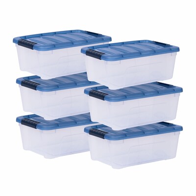 Iris Stack & Pull 12 Qt. Snap Lid Storage Boxes, Clear/Navy, 6/Carton (100306-CT)