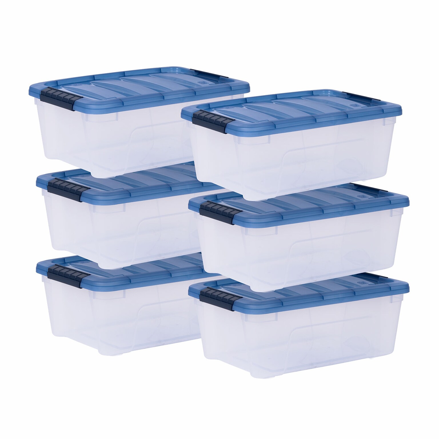 Iris Stack & Pull 12 Qt. Snap Lid Storage Boxes, Clear/Navy, 6/Carton (100306-CT)