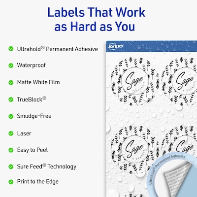 Avery Round Laser Multipurpose Labels, 2.5 Dia., White, 225/Pack (19479399409)