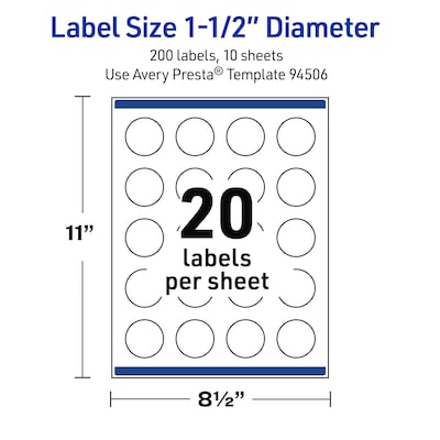Avery Waterproof Round Laser Multipurpose Labels, 1.5" Dia., White, 200/Pack (19479399424)