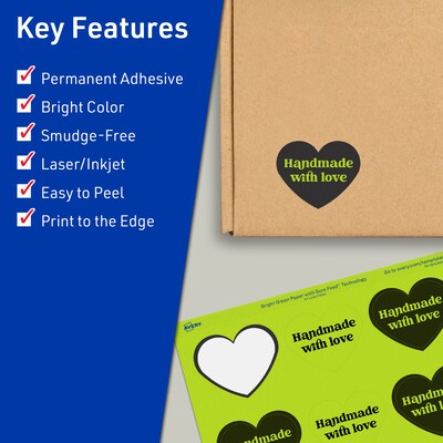 Avery Printable Heart Shaped Multipurpose Labels, 2-9/32 x 1-27/32, Bright Green, 240/Pack (94603)