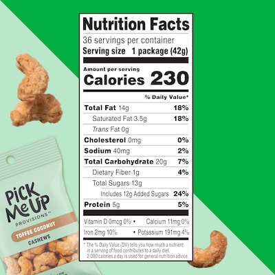 Pick Me Up Provisions™ Toffee Coconut Cashews, 1.5 oz., 36 Bags/Box (PM63390)