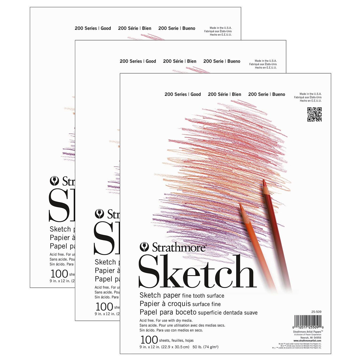 Strathmore 200 Series 9 x 12 Sketch Pad, 100 Sheets/Pad, 3/Bundle (STTP255091-3)