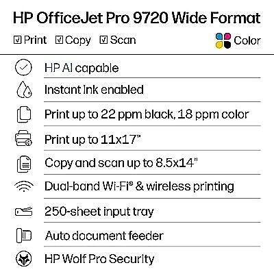 HP OfficeJet Pro 9720 Wireless Color Wide Format All-in-One Inkjet Printer, Best for Office, 3 Months Free Ink (C2XF9A#B1H)