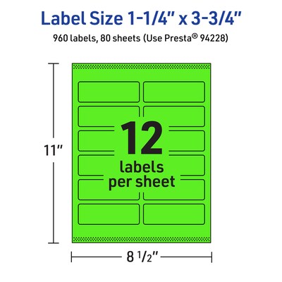 Avery Laser/Inkjet Multipurpose Rectangle Labels, 1.25" x 3.75", Neon Green, 960/Box (94228)