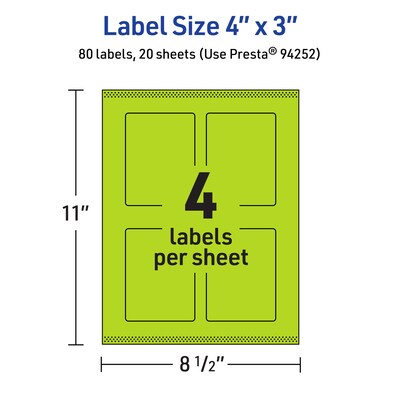 Avery Printable Rectangle Multipurpose Labels, 4" x 3", Bright Green, 80/Pack (94252)