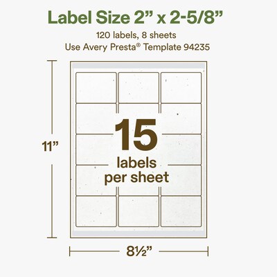 Avery Hemp Rectangle Laser/Inkjet Multipurpose Labels, 2" x 2-5/8", Off-White (120/Pack)