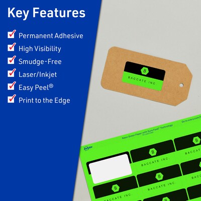 Avery Laser/Inkjet Multipurpose Labels, Neon Green, 30 Labels/Sheet, 80 Sheets/Pack (94216-NGP80)
