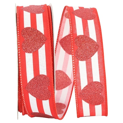 JAM Paper Hearts Glitter Ribbon, White/Red (52640340697)