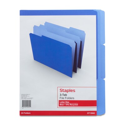 Staples File Folders, 1/3-Cut Tab, Letter Size, Blue, 24/Pack (ST13842-CC)