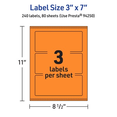 Avery Laser/Inkjet Multipurpose Rectangle Labels, 3" x 7", Bright Orange, 240/Box (94250)