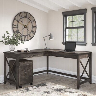 Bush Furniture Key West 60"W L Shaped Desk with 2 Drawer Mobile File Cabinet, Dark Gray Hickory (KWS013GH)