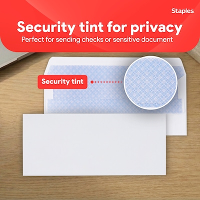 Staples Self Seal Security Tinted #10 Business Envelopes, 4 1/8" x 9 1/2", White, 500/Box (ST511289-CC)