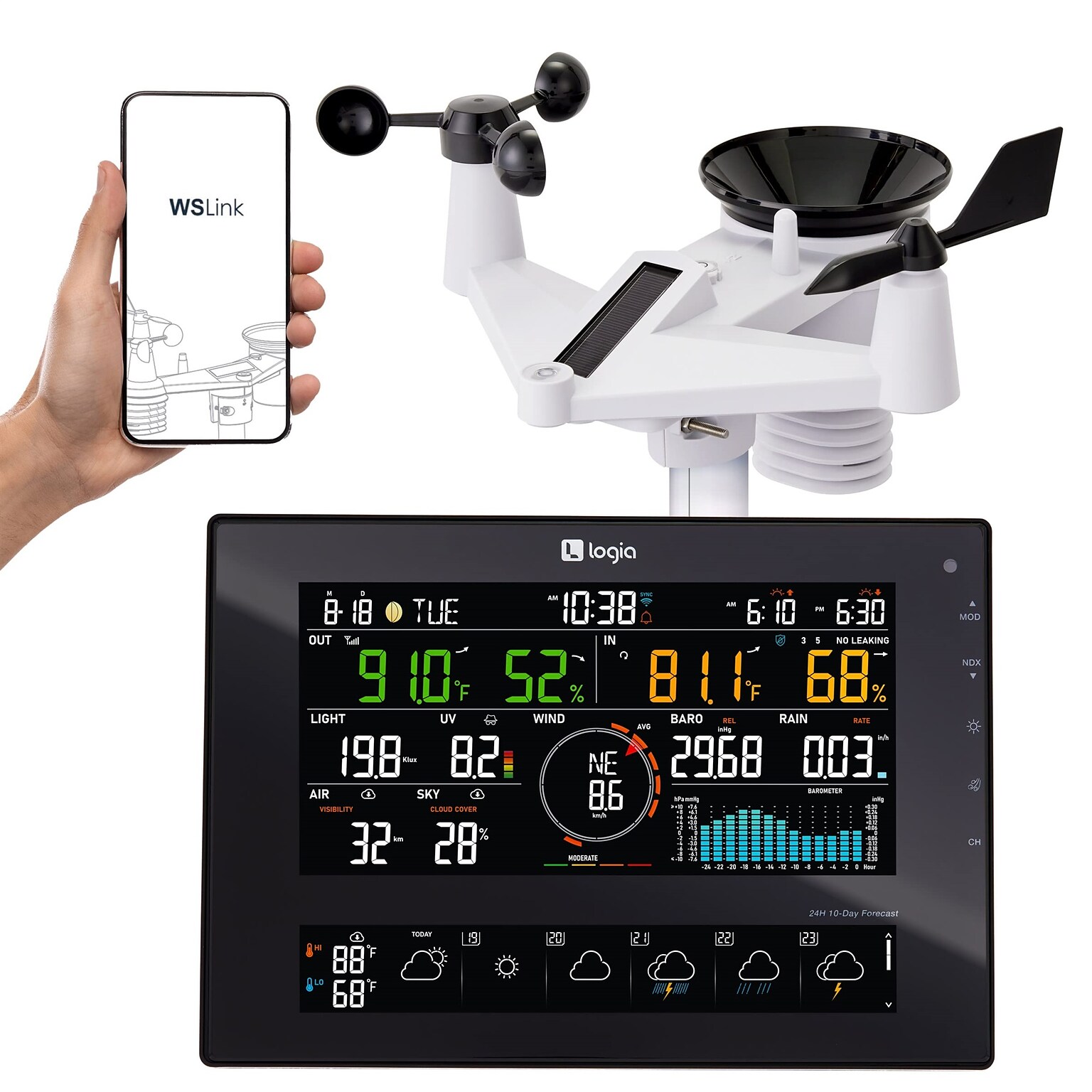 Logia 7-in-1 WiFi Wireless Weather Station w/ 10-Day Forecast, Solar & Large 8 LED Display (LOWSC7110FWB8)