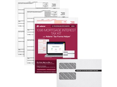 Adams 2024 1098 Mortgage Interest Statement Tax Form with Envelope, 3-Part, 2-Up, Copy A, B, C, 12/Pack (STAX1098-24)