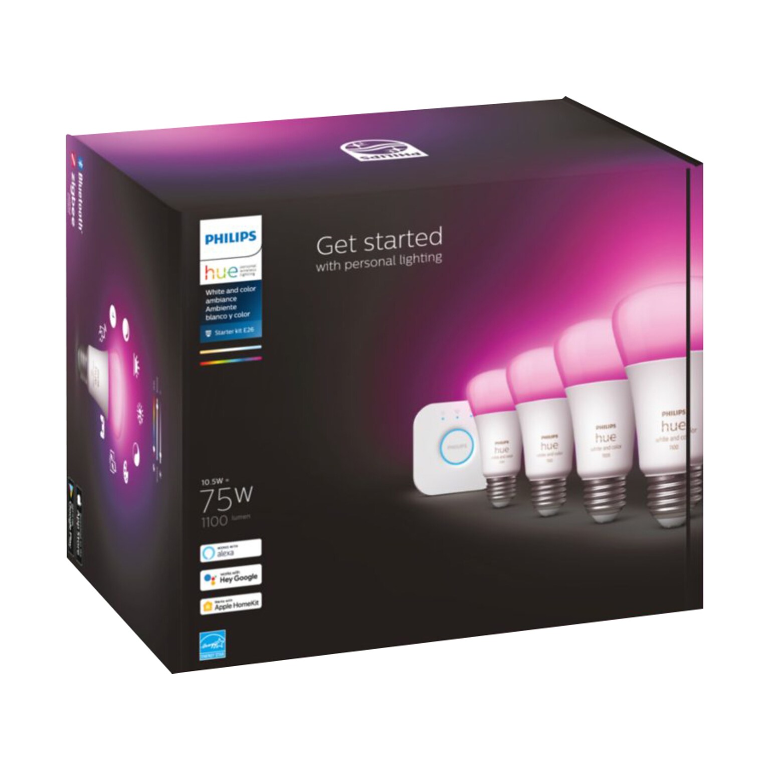 Philips Hue White Starter Kit, A19 16 Million Colors 10.5W E26  (563296)