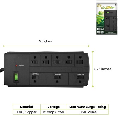 GoGreen Power 8 Outlet Surge Protector, 6' cord, Black (GG-18316BK)