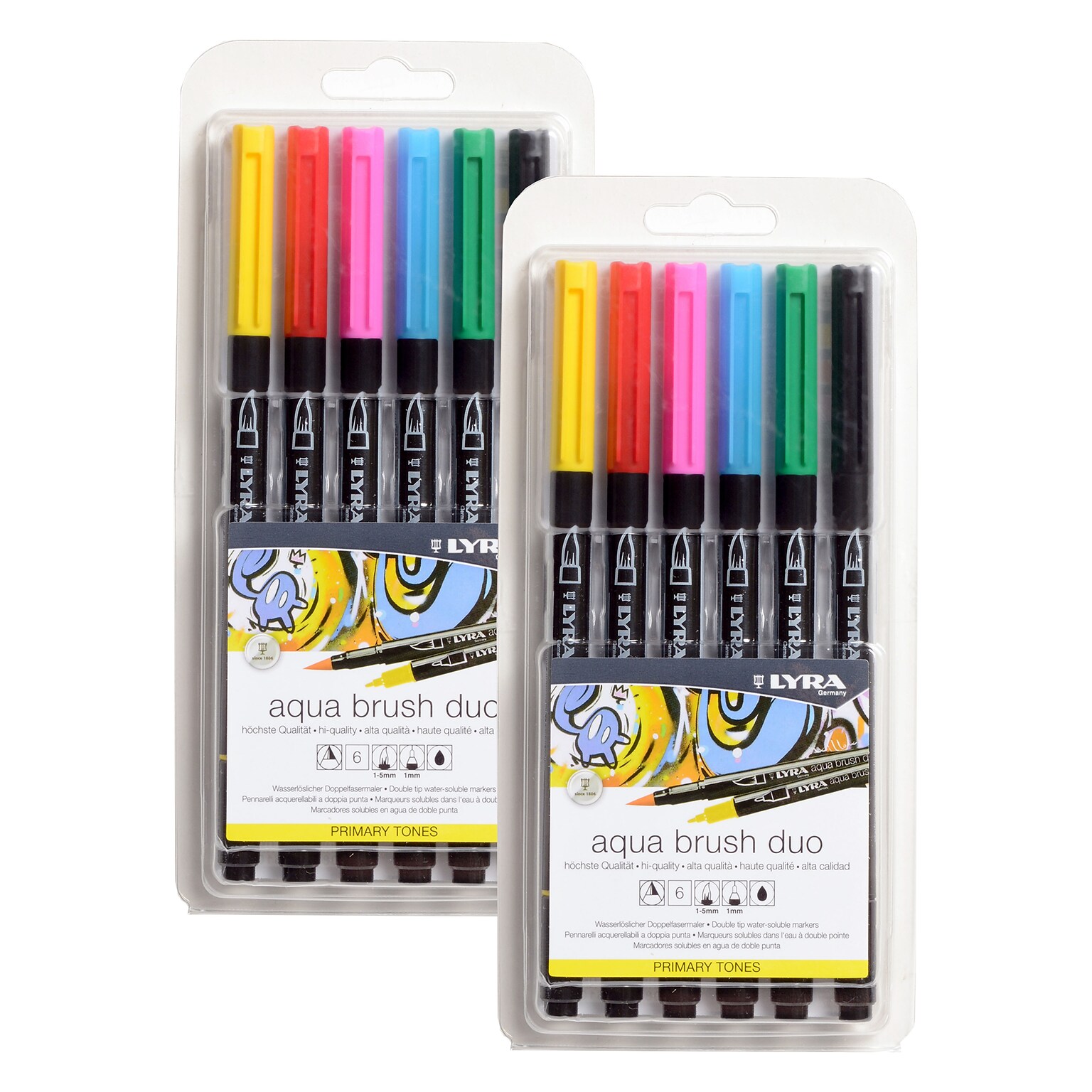 Lyra Aqua Brush Duo Water-Based Marker, Dual-Tip, Assorted Colors, 6 Markers/Set, 2 Sets/Bundle (LYXL6521060-2)