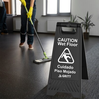 Gritt Commercial Safety Caution Wet Floor A-Frame/Sandwich Board Sign, 24H, Black, 3/Pack (GRI184-BLK-3PK)