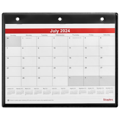 2024-2025 Staples 11 x 8 Monthly Desk/Wall Calendar, White/Red/Black  (ST60366-23)