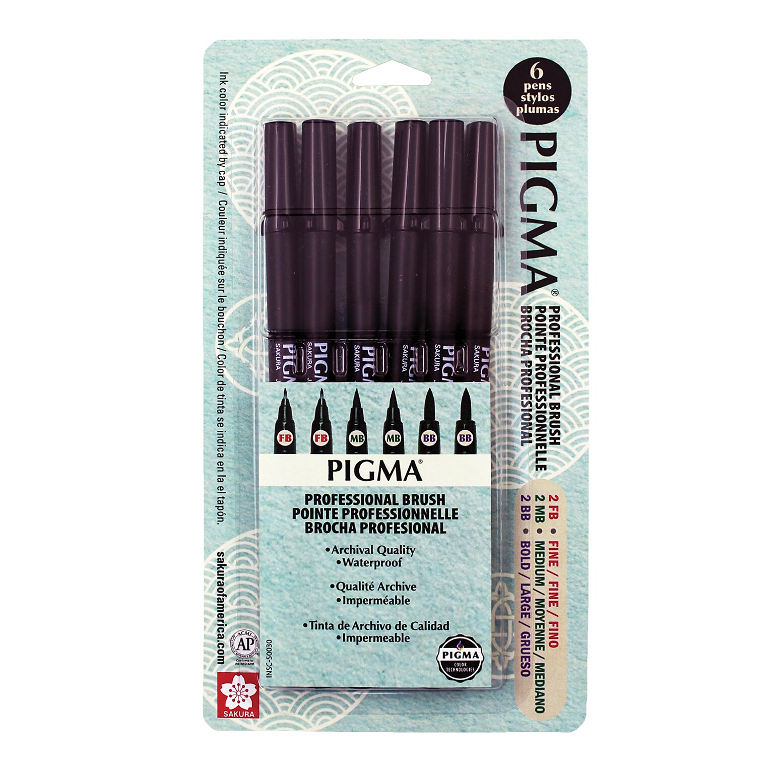 Sakura Pigma Professional Brush Pen, Black, 6/Pack (SAK50030)