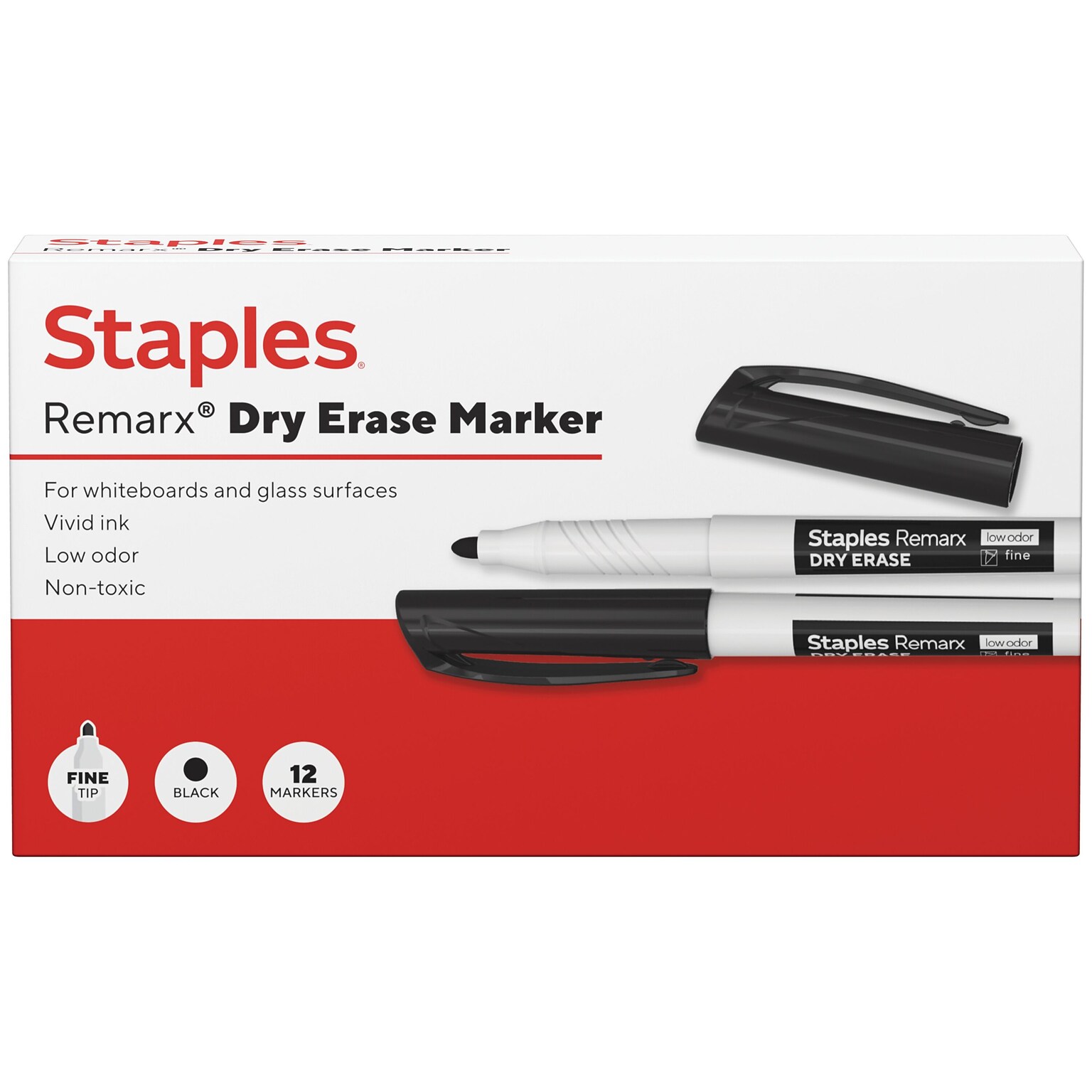 Staples Remarx Dry Erase Marker, Fine Tip, Black, 12/Pack (ST62932)