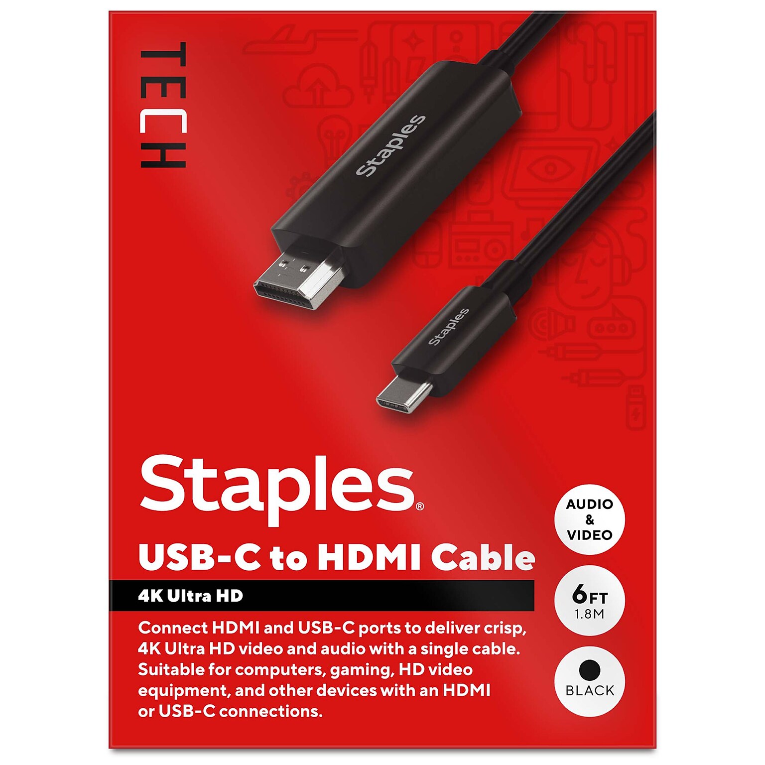 Staples TECH 6 ft. USB-C to HDMI Audio/Video Cable, Male to Male, Black (ST62472)