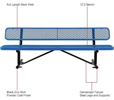 Global Industrial 8' Outdoor Steel Bench w/ Backrest, Expanded Metal, Blue (277155BL)