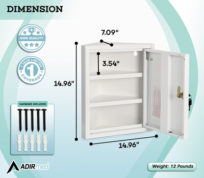 Viva Comfort Steel 2-Shelf Corner Mount Locking Medicine Medical Cabinet, 0.9 cu. ft., White (ADI999-01-1-MK)