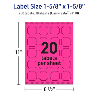 Avery Square Scalloped Laser/Inkjet Multipurpose Labels, 1-5/8" x 1-5/8", Neon Magenta (200/Pack)