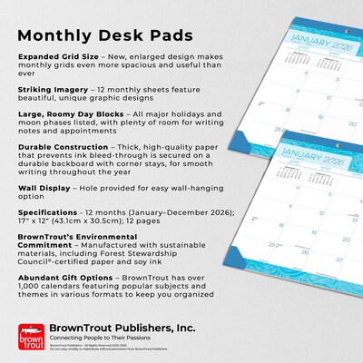 2026 BrownTrout Seaside Currents 17" x 12" Monthly Desk Pad Calendar (9798330705481)