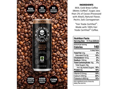 Death Wish Coffee Co. Mocha Latte Cold Brew Coffee Can, Medium Roast, 11 fl. oz., 12/Carton (LRMCLA12)