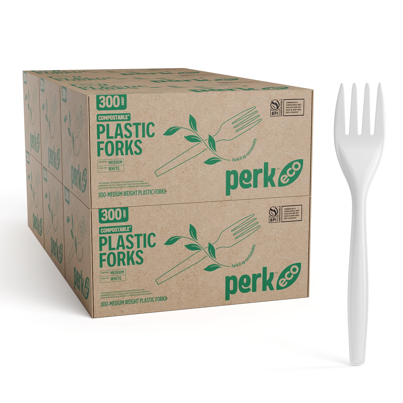 Perk™ Eco Compostable PLA Fork, Medium-Weight, White, 1800/Carton (PK56201CT)