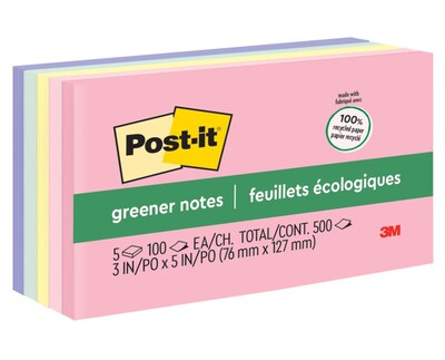 Post-it Greener Recycled Notes, 3 x 5, Sweet Sprinkles Collection, 100 Sheet/Pad, 5 Pads/Pack (655RPA)
